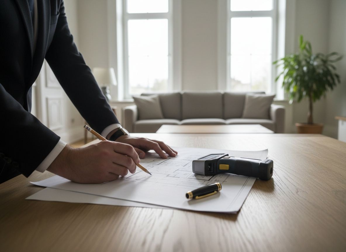 Plattegrond en afstandsmeter op een eiken tafel in een lichte woonkamer