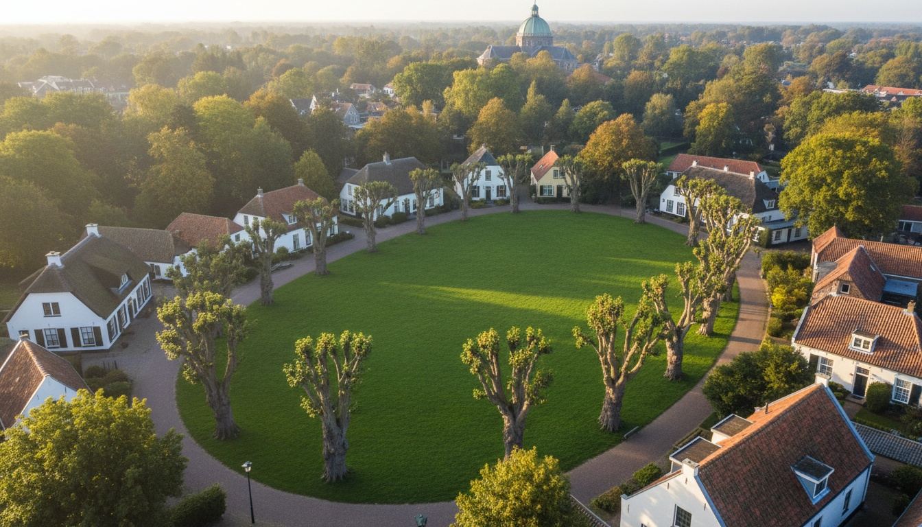 Luchtfoto van de Brink in Laren: oude lindes rond een grasveld, witte dorpshuizen en de toren van de basiliek in de verte