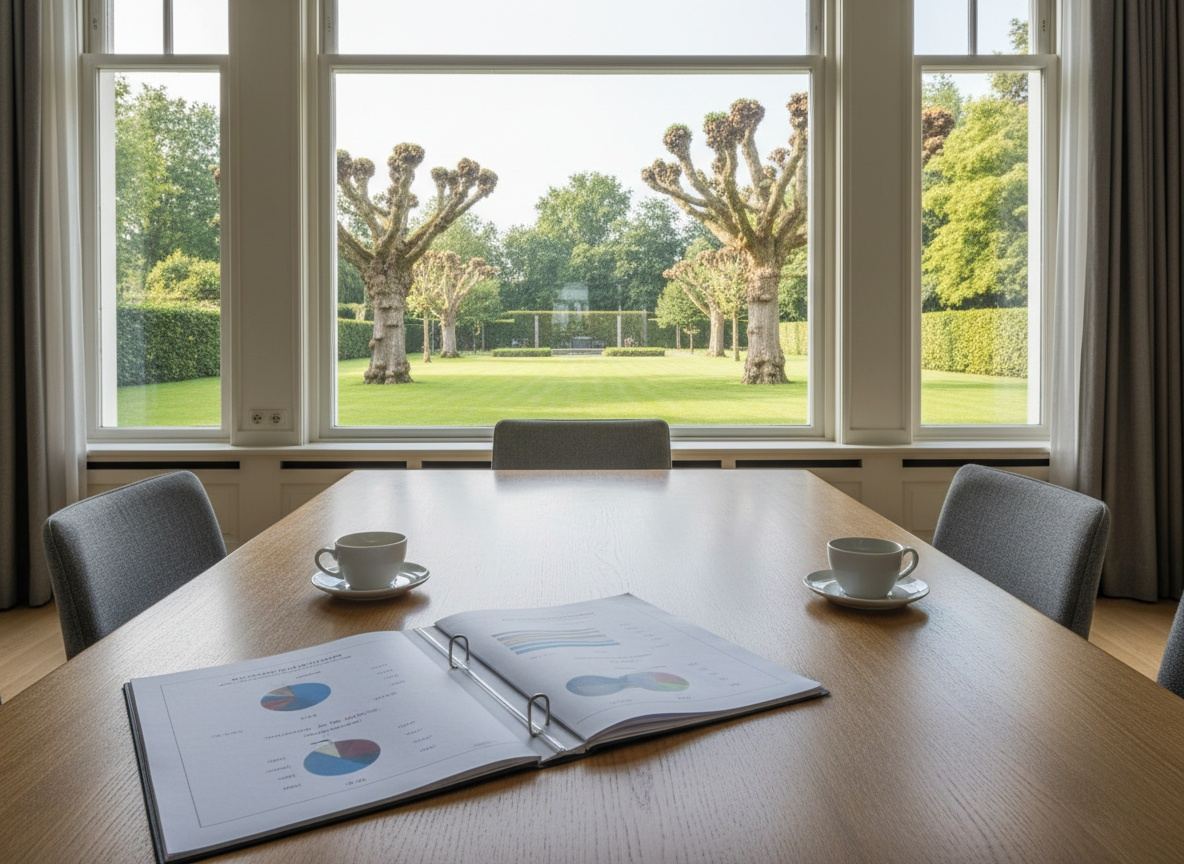 Eiken tafel bij hoge tuinramen in de woonkamer van een Gooise villa, met een map met verkoopcijfers