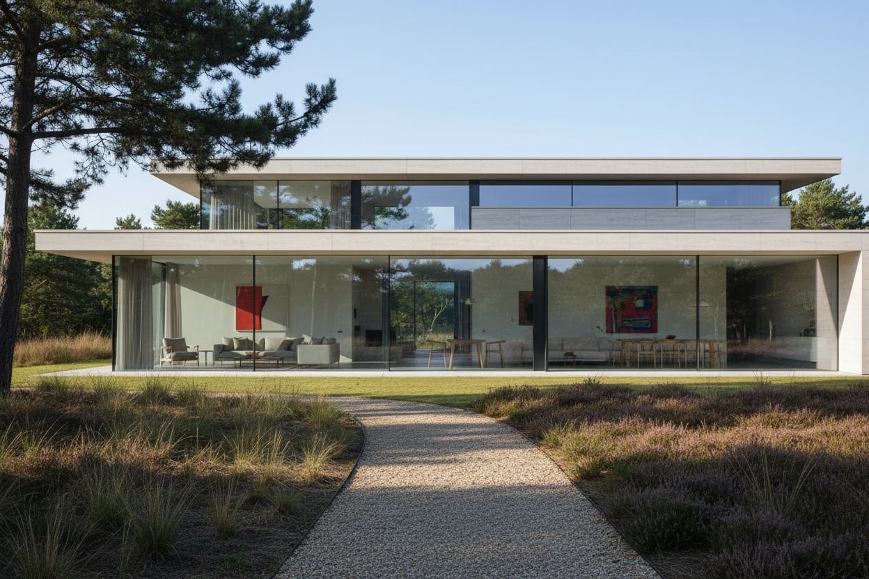 Moderne villa van licht steen en glas aan de Gooise heide