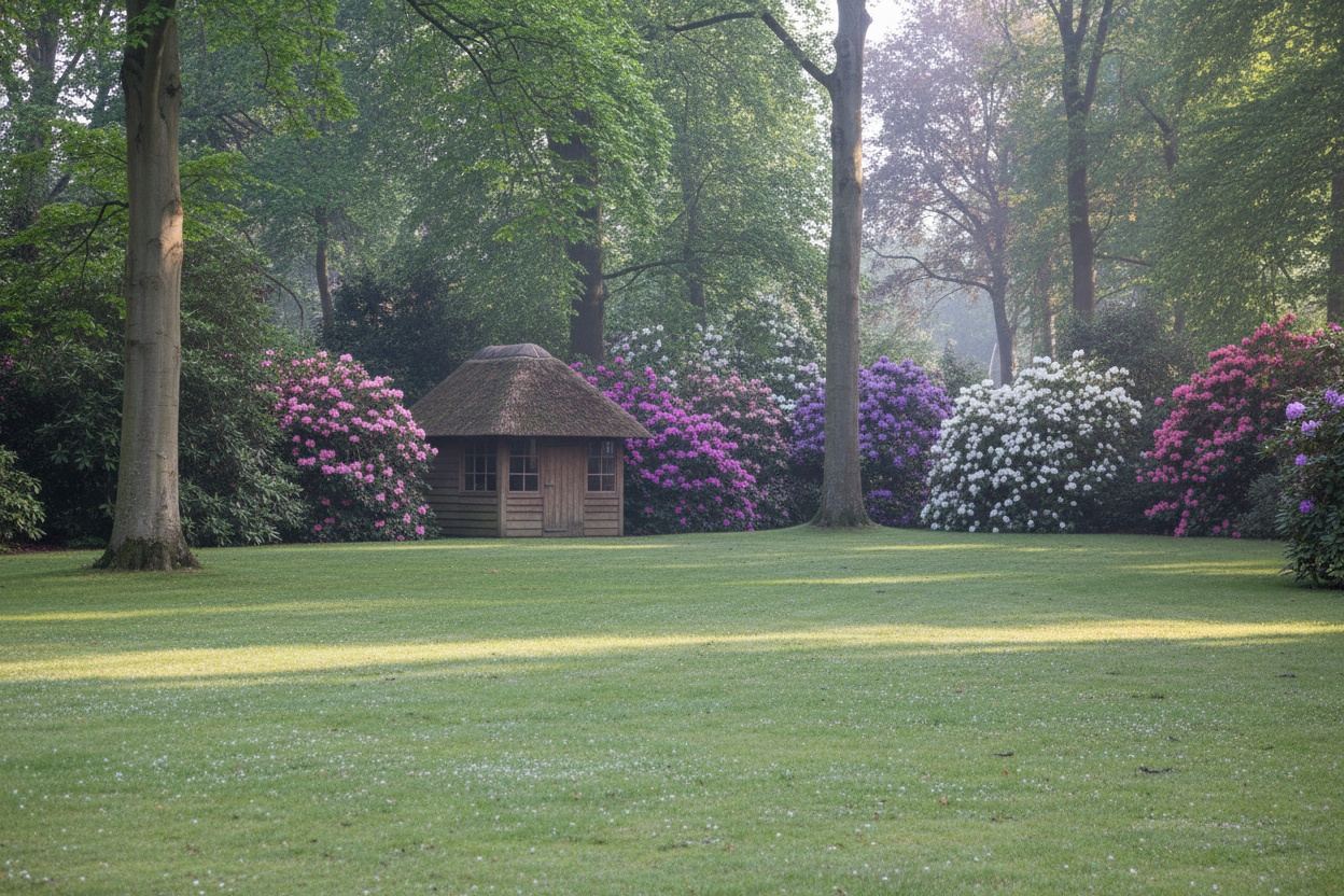 Tuin met tuinhuis tussen oude rododendrons