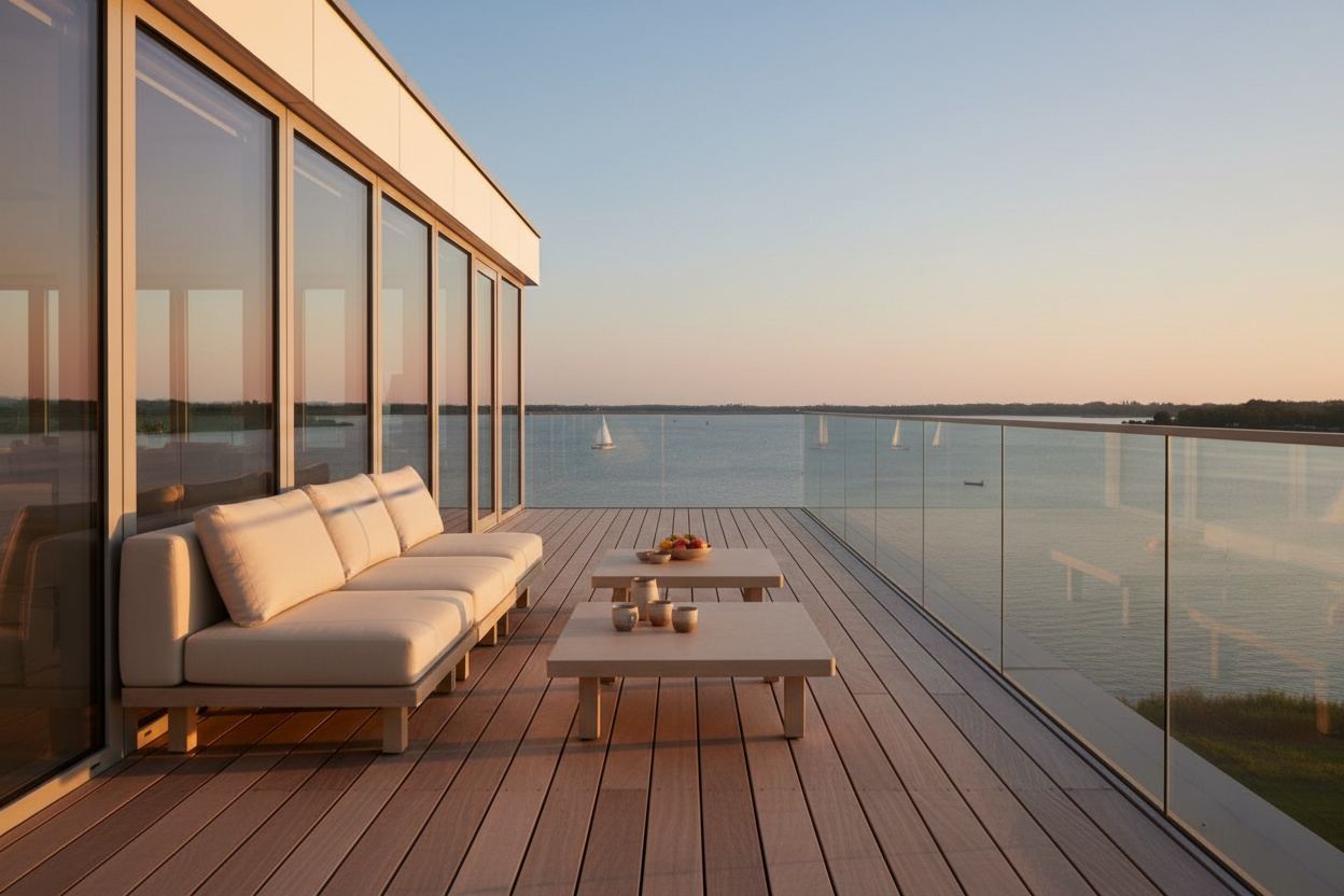 Dakterras van een penthouse met uitzicht over het Gooimeer bij avondlicht