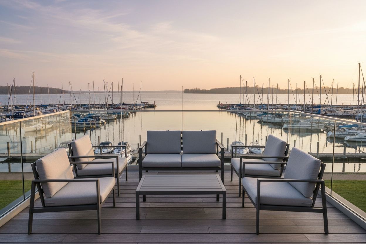Uitzicht vanaf het terras over het water en de haven